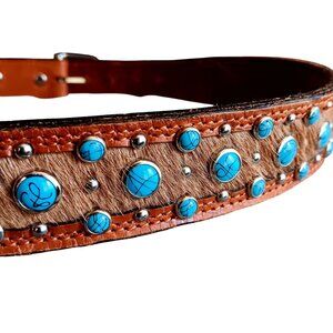 36-38 Large Vintage Western Leather Cowboy Belt Faux Turquoise Real Horse Hair L